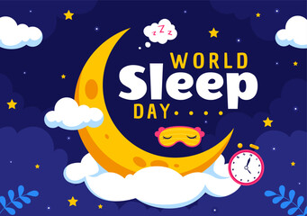 World Sleep Day Vector Illustration on March 14, Featuring People Sleeping, Clouds, Planet Earth, and the Moon in a Sky Background with Flat Cartoon