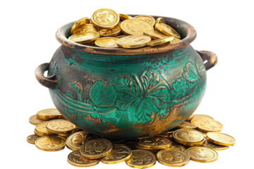 Green pot of gold filled with gold coins stacked high and spilling over the edge, isolated on transparent background. St. Patrick's Day