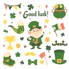 St. Patrick's Day set of elements. Vector illustration of set of elements in green color.