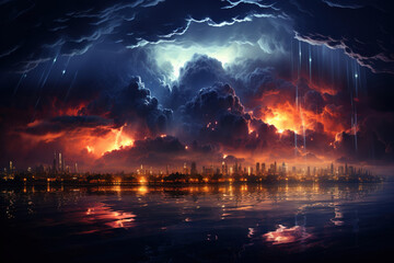Fototapeta premium strongest thunderstorm over a modern city. Lots of lightning in the sky,. Generative AI