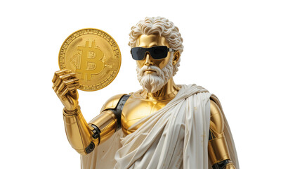 modern golden greek statue with robot armor holding a bitcoin on a transparent background
