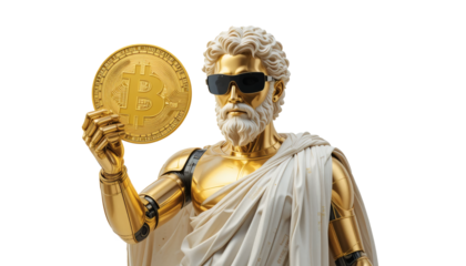 modern golden greek statue with robot armor holding a bitcoin on a transparent background