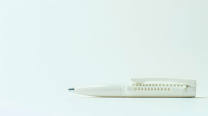 White pen resting on white background, minimalist design, copy space, stationery