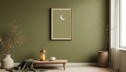 Serene Olive Green Living Room Decor with Minimalist Art