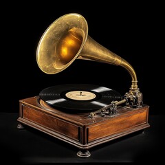 Antique gramophone with a large horn and a vinyl record.