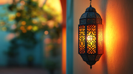 Ramadan lantern illuminates evening with warm glow and intricate design