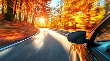 Obraz premium Car driving on a highway at sunset with motion blur and a colorful sky