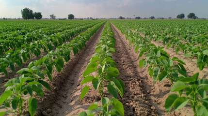 Rows of vibrant green soybean plants stretch across a farm under a bright sky, symbolizing growth, agriculture, and the promise of abundant harvests.