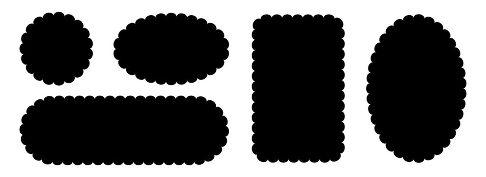 Different wavy edge frame collection. Jagged scallop rounded border element set. Black undulate graphic design templates for decoration, banner, poster, template, sticker, badge. Vector vintage bundle