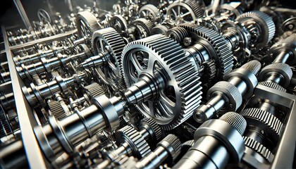 Fototapeta premium Industrial gears and cogs in close-up, showcasing polished metallic shine, meshing intricately within complex machinery, emphasizing a factory and industry setting