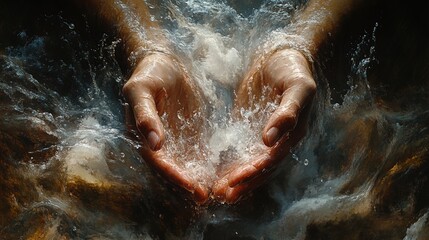 Overflowing water being gently held by a pair of hands