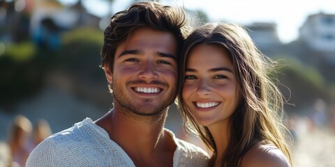 Radiant Smiles of a Young Couple on a Warm Beach Afternoon