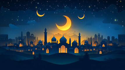 Fototapeta premium Ramadan night sky with crescent moon above illuminated city skyline