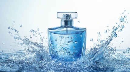 Luxurious perfume bottle showcased with scenic water elements on solid white background