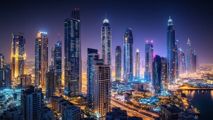 Naklejka premium Night cityscape, illuminated skyscrapers, modern architecture, urban skyline.