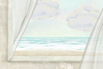Window view background, cute seaside illustration