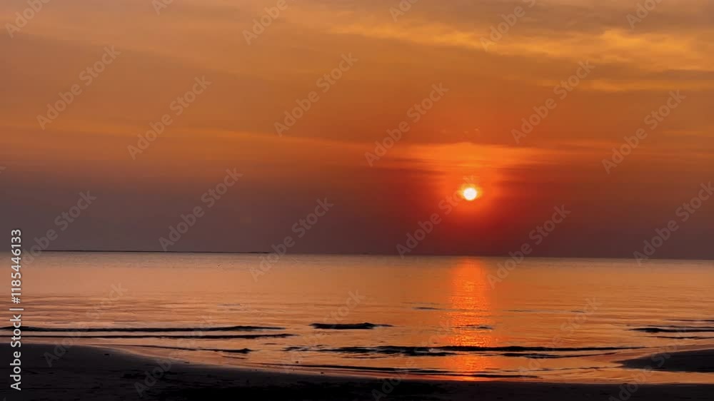 Wall mural Summer tropical evening. Sea waves with a reflection of sunlight. Rippling water with sun rays. Twilight on the beach.