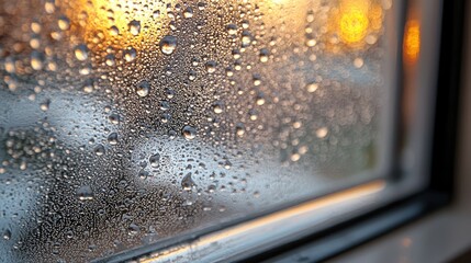 Water Droplets on Window: A Captivating Macro Photograph of Condensation on Glass, Showcasing the Beauty of Nature's Abstract Designs in Warm Light