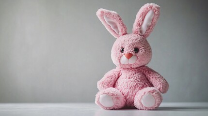 Fototapeta premium A cute pink plush bunny, perfect for Easter celebrations. Ideal for festive decor, children's gifts, or playful branding in spring-themed events.
