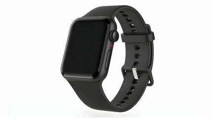 Black smartwatch with silicone band on white background, showcasing fitness tracker capabilities.