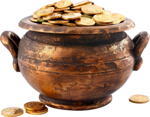 Old leprechaun pot of gold filled with gold coins stacked high and spilling over the edge isolated on transparent background. St. Patrick's Day.