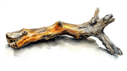 Fototapeta premium Watercolor Painting of a Weathered Driftwood Branch: A Study in Natural Textures and Organic Forms