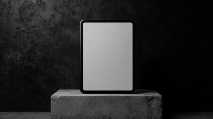 Blank screen tablet on dark stone pedestal.