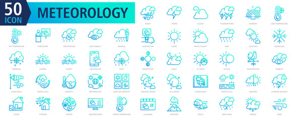 METEOROLOGY ICON SET With windy, storm, cloudy, thunderstorm, rainbow, low temperatures, hot temperature, forecaster, precipitation and low visibility