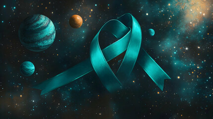 Teal ribbon floating in an abstract cosmic scene, surrounded by stars and planets for global awareness of mental health and ovarian cancer