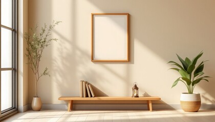 Minimalist Beige Living Room with Wooden Bench and Plants