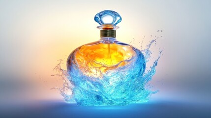 Perfume bottle illuminated with glowing water effects on solid white background