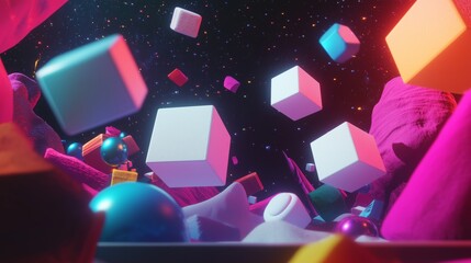 Colorful Digital Space with Floating Cubes and Creative Lighting Effects.