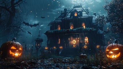 Halloween day wallpaper background featuring pumpkin jack o lantern ghost costume Generate AI