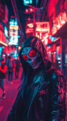 Obraz premium Neon street Toronto night cyberpunk fashion masked character glowing light urban energy futuristic cityscape night life sci-fi dramatic artistic visual eyes bold creepy evil killer scary gang crime