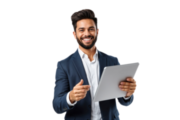 Confident businessman in suit holding tablet, isolated on transparent background