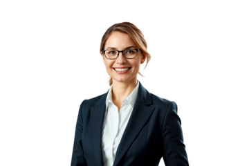 Confident businesswoman in suit with glasses, isolated on transparent background