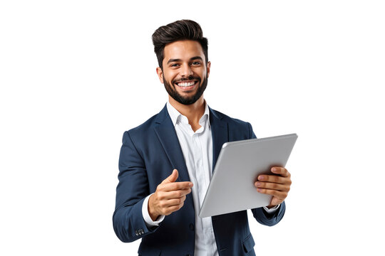 Confident businessman in suit holding tablet, isolated on transparent background