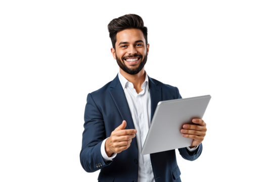 Confident businessman in suit holding tablet, isolated on transparent background - Powered by Adobe