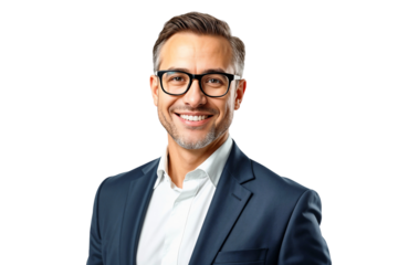 Professional businessman in suit with glasses, isolated on transparent background