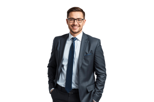 Professional businessman in suit with glasses, isolated on transparent background