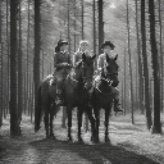 Three women on horses traverse a woodland trail in pixel art style.