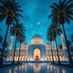 Naklejka premium Majestic Mosque at Night Under a Crescent Moon