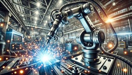A close-up of a robotic welding arm, sparks flying as it works on a piece of shiny metal in an industrial setting