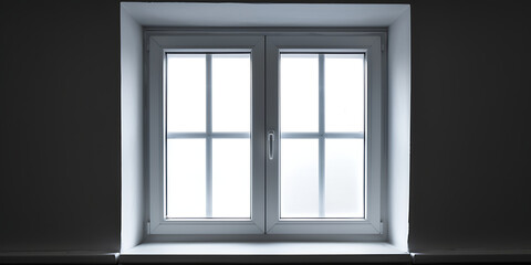 Double-pane window with white frame set in a dark wall