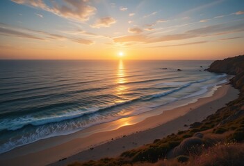 Obraz premium Golden Sunset Over Coastal Beach Waves and Cliffs
