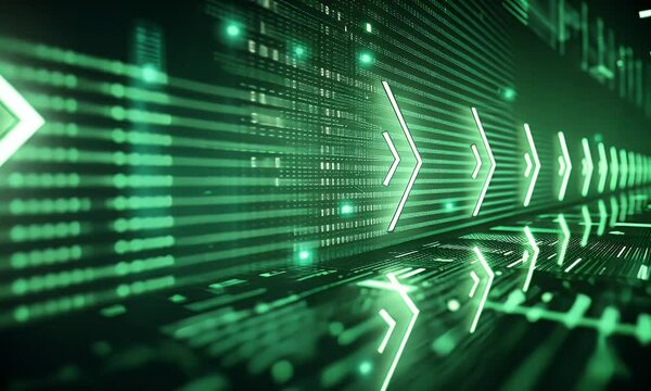 Abstract green digital tunnel with glowing arrows, representing data flow and futuristic technology.