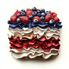 Artistic depiction of layered dessert with vibrant colors and fresh berries on top in a creative arrangement