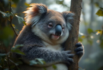 Fototapeta premium Close-up of a koala clinging to a tree trunk.