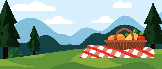Obraz premium A serene picnic scene featuring a basket of fruits on a red-and-white checkered blanket, set against rolling green hills and a clear sky.