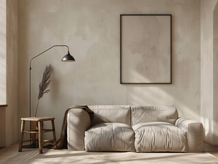 Blank frame mockup on white wall. Template for painting or poster. White living room interior design. View of modern interior with artwork mock-up